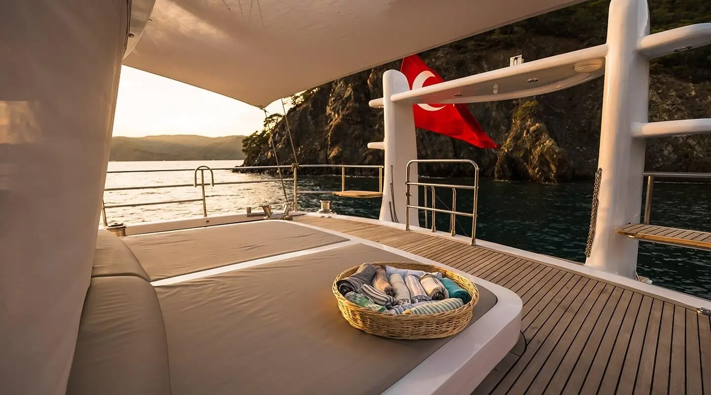 Angelo III gulet aft deck with lounging area and railing front view
