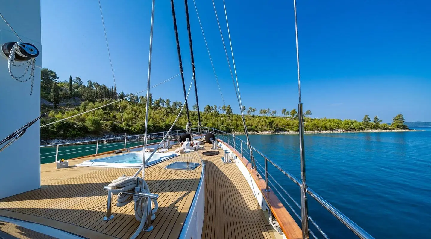 Navilux motor yacht bow deck view with rigging and blue sea