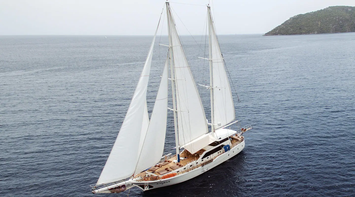 Sailing gulet Kayhan 3 on the sea with sails unfurled