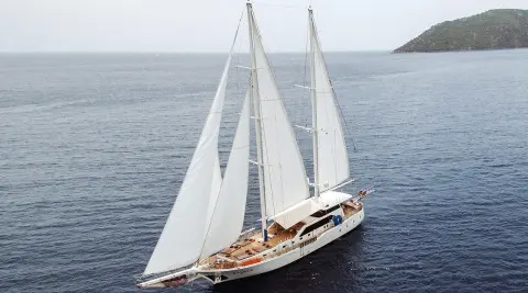Sailing gulet Kayhan 3 on the sea with sails unfurled